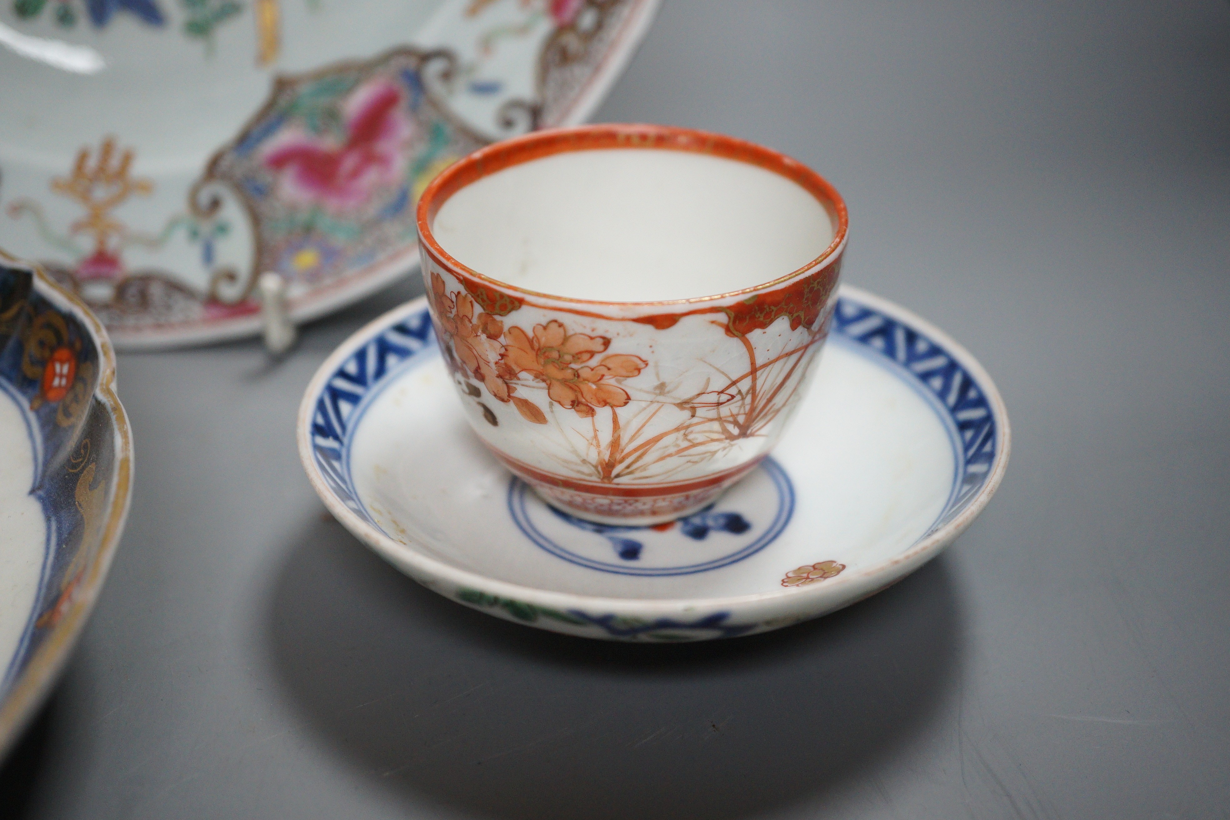 A Samson ovoid armorial jar, a Samson plate, a pair of Imari leaf dishes and three other Chinese/Japanese items